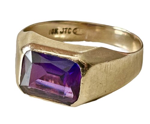 Anello antico Art Decò oro giallo 10 kt zaffiro viola sigillo JTC 989 misura 9,5 - Foto 8 di 20