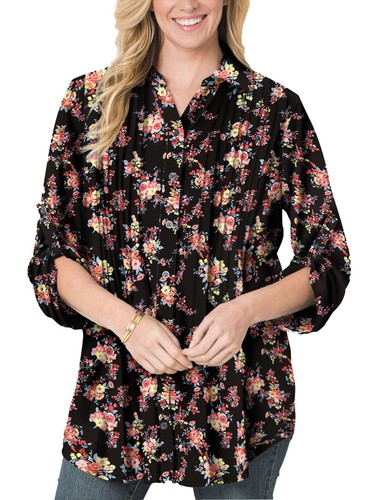 Woman Within blouse shirt plus size 24/26 28/30 32/34 36+ floral collar pintucks - Picture 6 of 10