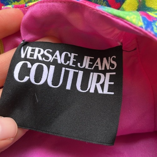Vestido Versace Jeans Couture Enver Satinado Abstracto Dobladillo Asimétrico Talla 36 XXS - Imagen 12 de 16