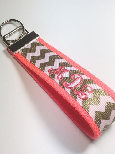 Key Fob/ Monogram/ Personalized: Wristlet/ Gold/ Glitter Stripes - Picture 2 of 8