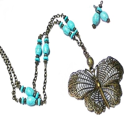 Charm Necklace Earring Set silver butterfly choose color pearl and clip on or pierced fittings