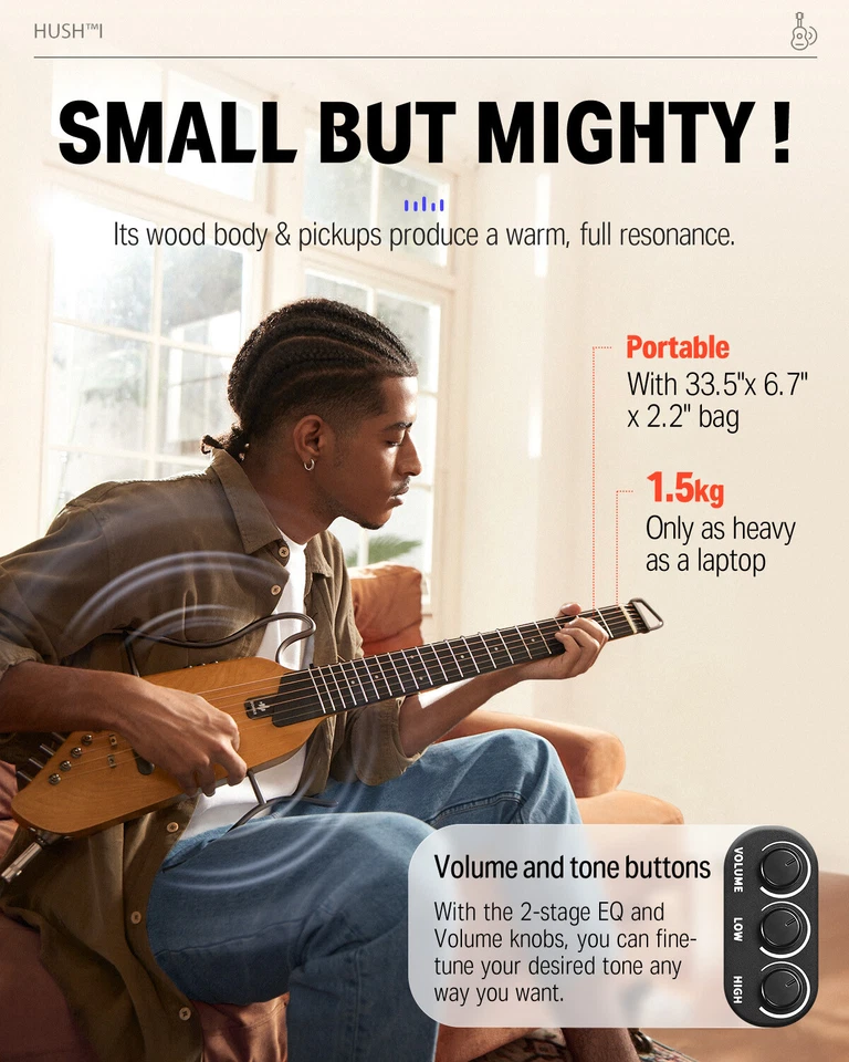 Donner HUSH™ I Travel Acoustic Electric Guitar Headless Pratice Perform Refurb - Image 3 of 4