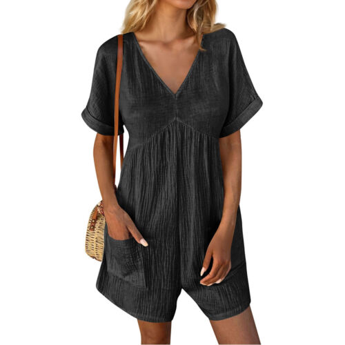 Summer Women's V-Neck Short Sleeve Jumpsuit Outfits Loose Romper Jumpsuit Casual - Picture 8 of 24
