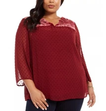 Style & Co Plus 2X Eyelet Red Swiss Dot Velvet Yoke Top NWT F26