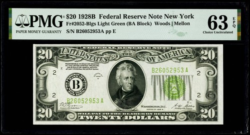 $20 1928B Federal Reserve Note New York Fr#2052-B PMG 63 EPQ Choice Uncirculated - Picture 1 of 3