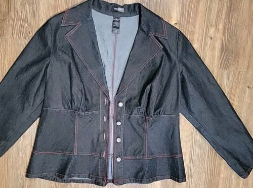 Bisou Bisou Dark Wash Denim Jacket Sz 16W Button Red Contrast Stitch Pleated - Picture 13 of 18