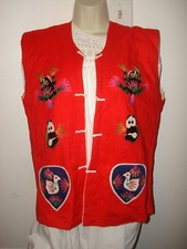VINTAGE GOOD LUCK ANIMAL SYMBOLS ASIAN EMBROIDERED QUILTED PATCHWORK VEST LARGE