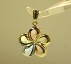 19Mm Tricolor Solid 14K Yellow Gold Satin Hawaiian Fancy Plumeria Flower Pendant