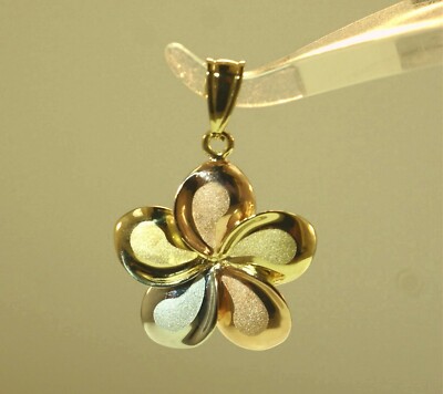 13mm Hawaiian Solid 14k Yellow Gold Brushed Satin Fancy Plumeria Flower Pendant