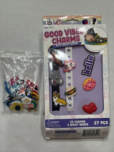 Good Vibes Charms With Wrist Bands New In Box, Fits Crocs 25 Charms 2 Wrist Band - Picture 1 of 2