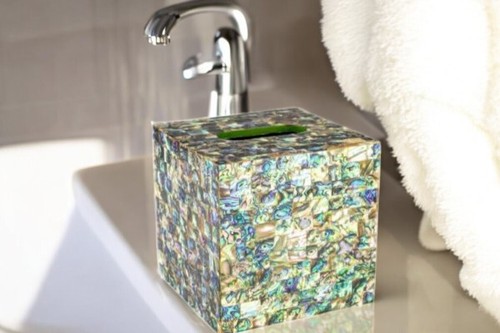 Elegante caja de pañuelos con incrustación de carcasa de abulón de 5" hecha a mano decoración de lujo para el hogar y el baño - Imagen 3 de 5