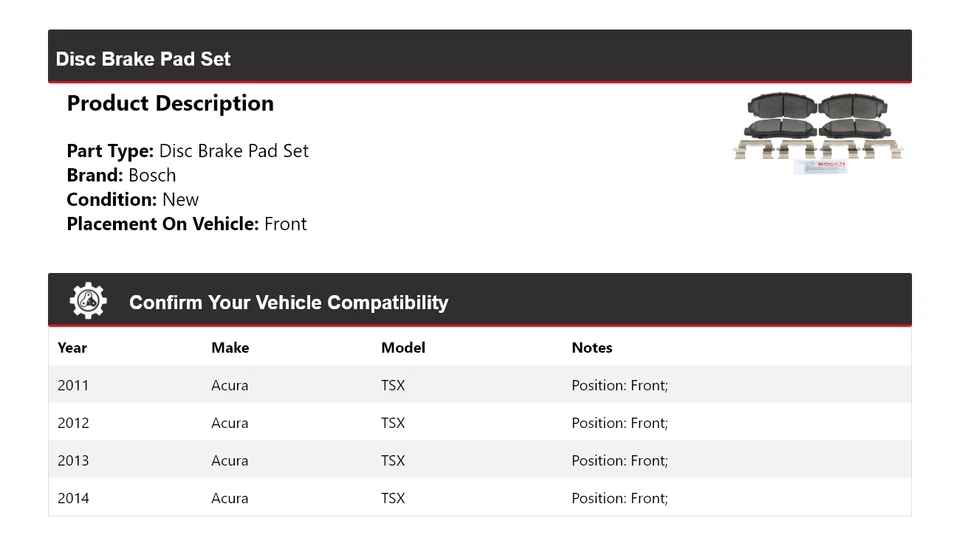 Pastilhas de freio dianteiras 2012 2013 cerâmica Acura TSX Bosch QuietCast 2011-2014 - Imagem 2 de 4