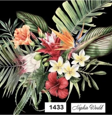 (1433) TWO Individual Paper LUNCHEON Decoupage Napkins - TROPICAL FLOWERS on blk