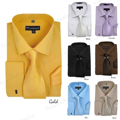 Men/'s Cotton Blend Solid Dress Shirt w// Matching Tie /& Hanky #27 French Cuff
