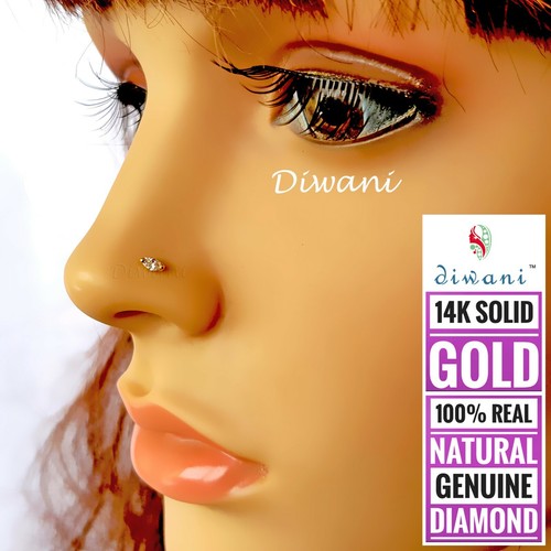 Natural Marquise Shape VVS Diamond Wedding Nose Piercing Stud Ring Pin 14k Gold - Picture 6 of 12