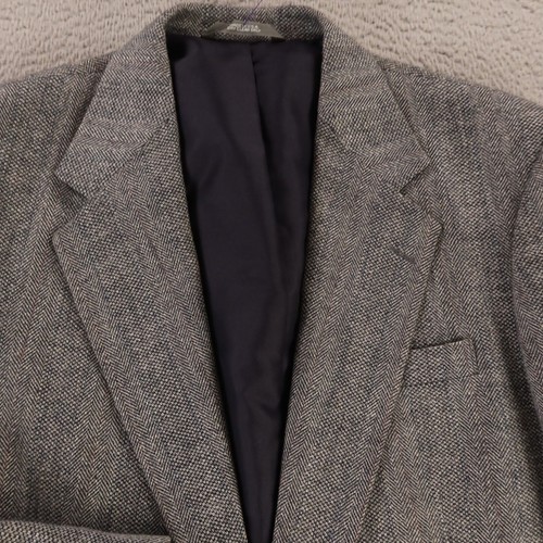 VTG Tweed Jacket L LT Black Gray Barleycorn Herringbone 100% Wool Blazer USA 44L - Picture 2 of 14