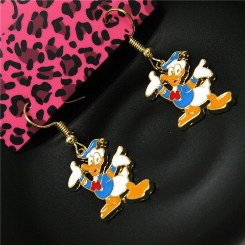 Fun New Yellow Gold Plated Enamel Donald Duck Cartoon Charm Hook Dangle Earrings - Picture 3 of 3