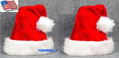 2 x Christmas Hat Cap Party Santa Claus Red Plush Xmas Headgear Costume - Picture 1 of 8