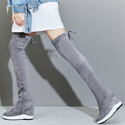 Thigh High Fashion Sneaker Womens Stretchy Wedges Over the Knee Motorcycle Boots - Picture 4 of 25