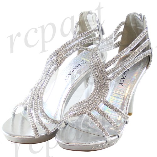 New Women's Shoes Rhinestones Stilettos Back Zipper Party Prom Wedding Silver - Picture 9 of 9