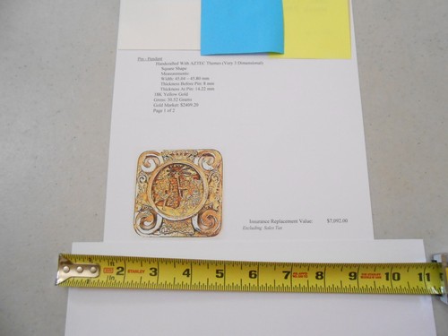 RARE 18k SOLID GOLD AZTEC THEME LRG MEDALLION CHARACTER PENDANT PIN BROCH 30.5 G - Picture 9 of 11