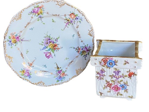Antique Porcelain Dresden Flower 3" Cache Pot Helena Wolfsohn Plate 6" succulent - Picture 2 of 21