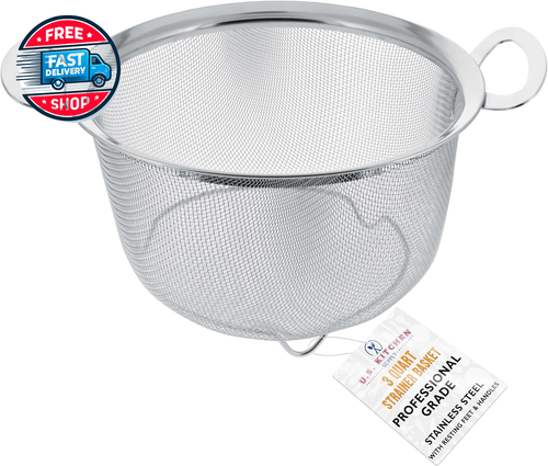 3 Quart Stainless Steel Mesh Net Strainer Basket with a Wide Rim, Resting Feet - Picture 6 of 12
