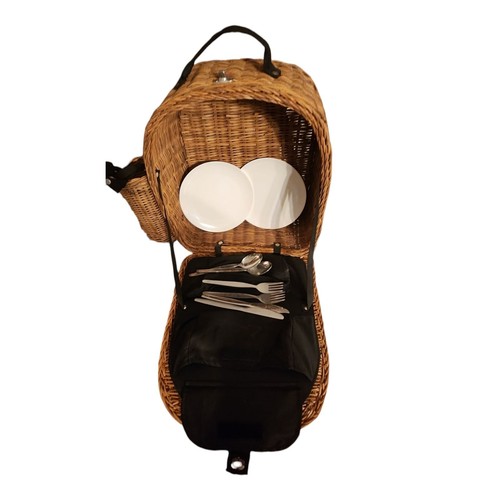 Handwoven Wicker Backpack Picnic Basket w/ Wine Bottle Holder Plates Utensils - Imagen 16 de 21