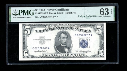 DBR $5 1953 Silver Fr. 1655 CA Block PMG 63 EPQ Serial C02528267A - Picture 1 of 2