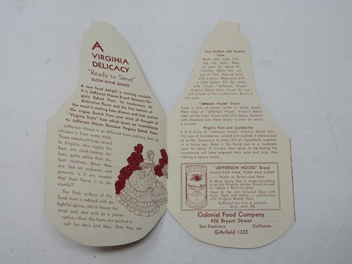 Jefferson House Virginia Baked Ham Die-Cut Advertising Recipes c1917 Fold-Out - Bild 3 von 5