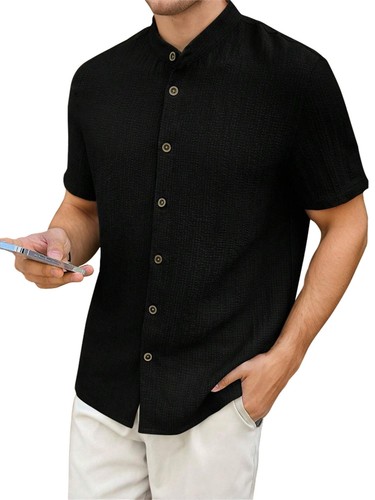 Men's Henley Shirt Casual Button Down Short Sleeve Tropical Shirts Work T Shirts - Picture 2 of 14