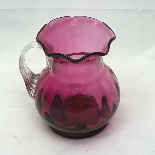 Vintage Glass Hand Blown Cranberry Ruffled Small Pitcher Creamer 4" Art Glass - Picture 3 of 11