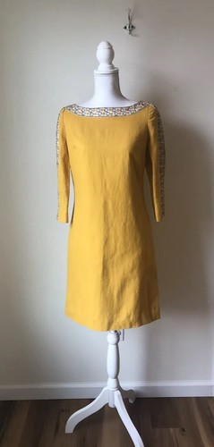 Tory Burch ARA Dress Womens Size 4 NWT Mustard Yellow Embellished Rhinestones - Picture 1 of 13