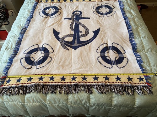 Tapestry Throw Blanket Blue & White Nautical Anchor Rope Stars 43”x 52” + Fringe - Bild 5 von 11