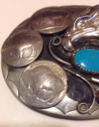 Very DetailedTurquoise Coral Eagle Belt Buckle With Three Buffalo Nickels - Picture 3 of 4