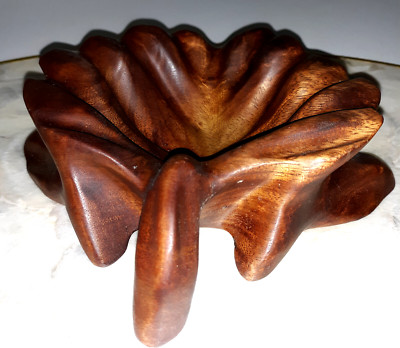 Vintage Wood Leaf Jewelry Trinket Dish Footed 8''X 8'' Artisan Crafted 3 D Unique