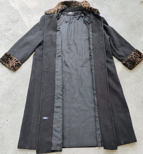 Jad Vintage Womens Long Black 100% Wool Faux Cheetah Fur Trim Button Coat Size M - Picture 2 of 8