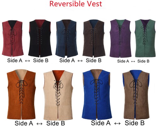 Mens Medieval Waistcoat Renaissance Reversible Vest Vikings Pirate Vest Lace-Up - Picture 3 of 26