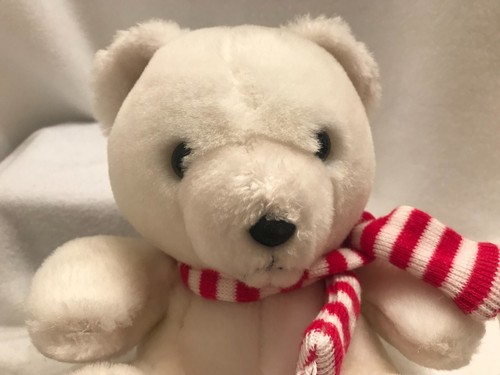 Teddy Bear Christmas White Plush Stuffed Soft Red White Stripped Scarf 9" - Picture 3 of 4