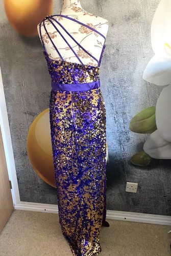 PURPLE & GOLD SEQUINS EVENING OCCASIONAL MAXI DRESS BY PATENT SIZE 12 - Picture 2 of 11