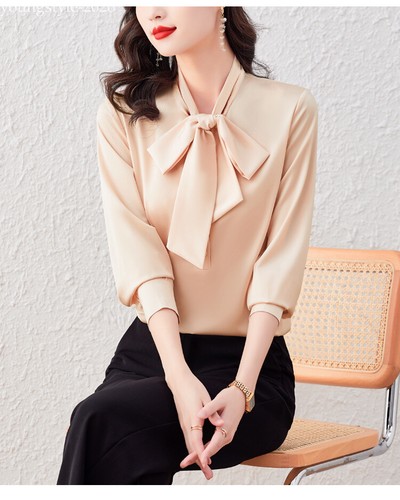 Mujeres Pajarita Manga Larga Satén Camisas Ropa de Trabajo Negocios Oficina Dama Prendas para el torso Blusa - Imagen 21 de 22