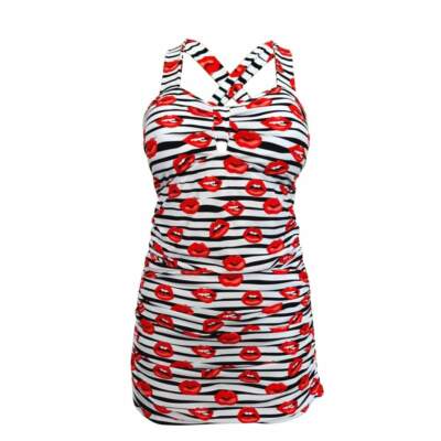 Trendy Plus Size Longer Length Tankini Set/ Pc Swimdress Lips