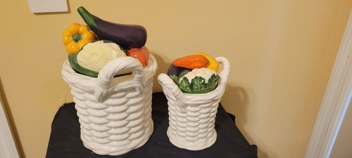 Fitz & Floyd CALYPSO Kitchen Canister Set OF 2 White Basket Vegetable Garden - Picture 3 of 8