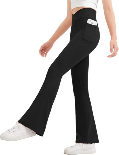 Girls Flare Leggings Kids Bell Bottom Cross High Waisted Dance Yoga Flared Pants - Picture 11 of 12