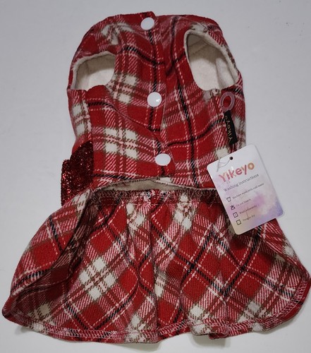 Yikeyo Sm Dog or Cat Christmas Dress Red and White Fleece Plaid w/ Red Bow NWT - Picture 3 of 6