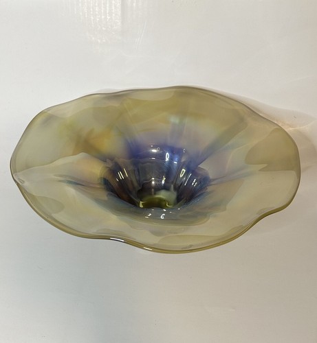 Signed Kelly Sheehan Art Glass Bowl 13in Hand Blown Iridescent Lg Console Bowl - Picture 12 of 21