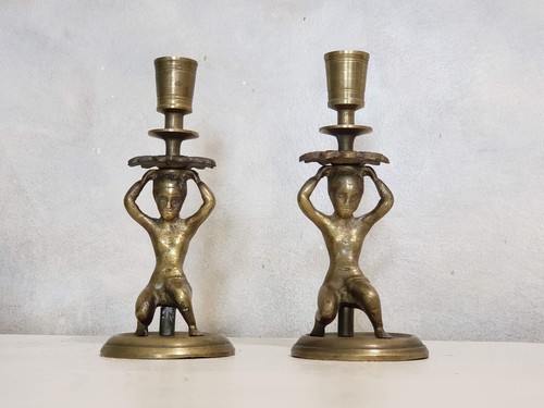 Pair Brass Figural Candle Sticks India Human Figure Temple Candle Holder - Picture 10 of 11