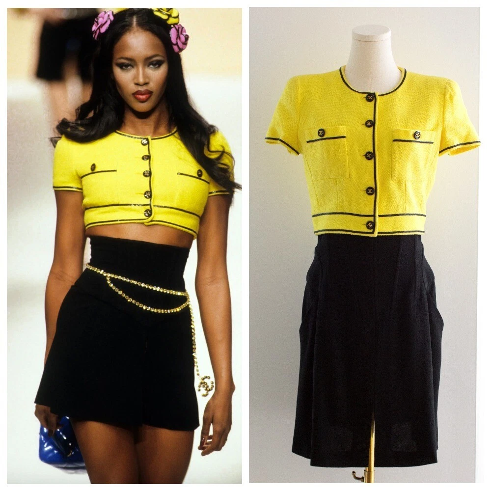 Chanel Vintage S S1995 Barbie Cropped Giallo Nero 95P Giacca Corsetto Gonna Tuta