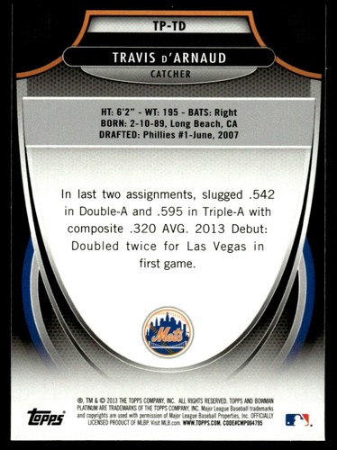 2013 Bowman Platinum Top Prospects Travis d'Arnaud New York Mets #TP-TD - Picture 2 of 2