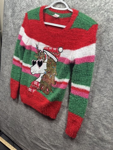 Ugly Christmas Sweater Girls Medium 7 Unicorn Red Green Sparkly Gold Party Youth - Picture 8 of 11